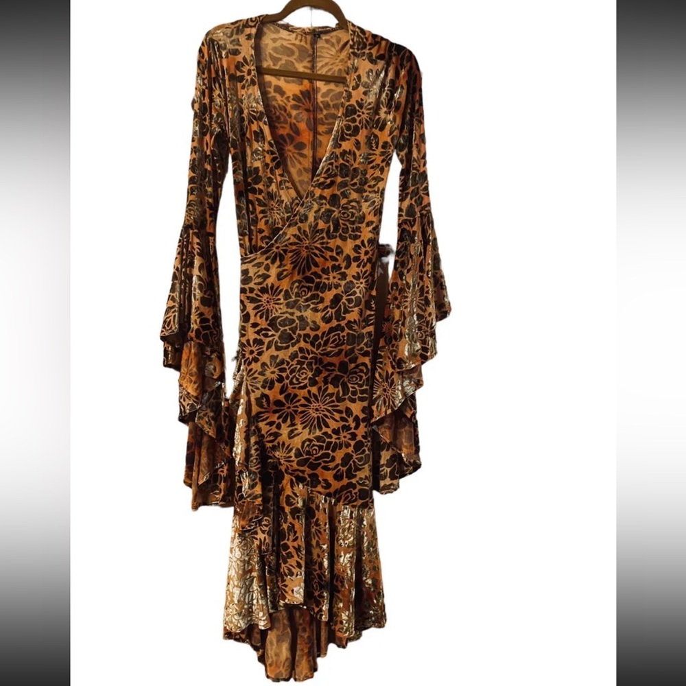 Samiah,  Floral Brown wrap Dress, burnt out stretch velvet